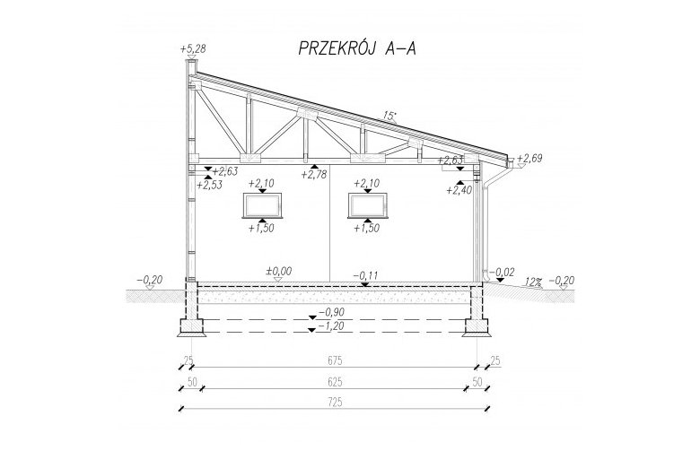Projekt garażu G97 szkielet drewniany, garaż dwustanowiskowy - przekrój 1