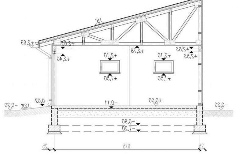 Projekt budynku gospodarczego G97 szkielet drewniany, garaż dwustanowiskowy - przekrój 1
