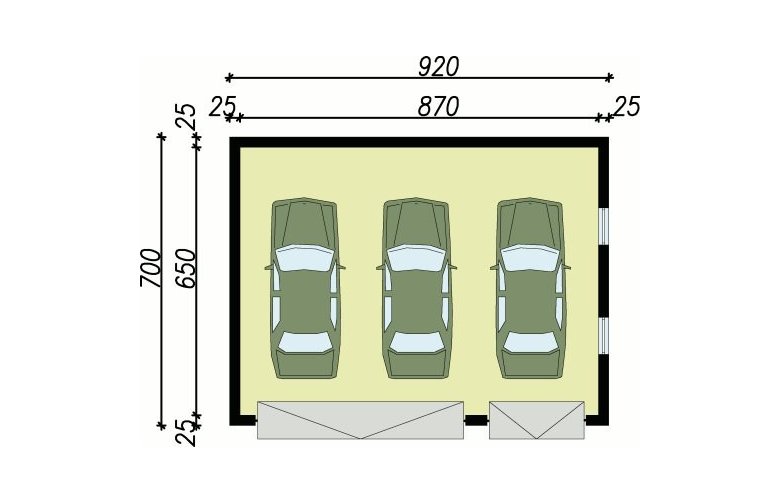 Projekt garażu G17 szkielet drewniany, garaż trzystanowiskowy - rzut przyziemia