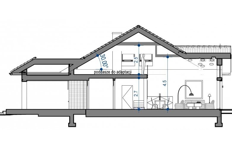 Projekt domu z poddaszem Domidea 2 - przekrój 1
