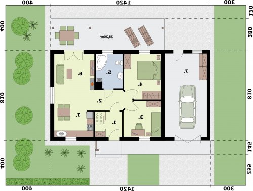 Rzut projektu BARBADOS 3A z garażem - wersja lustrzana