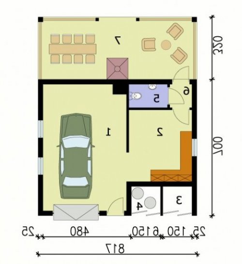 PRZYZIEMIE G121 garaż jednostanowiskowy z werandą i pomieszczeniem gospodarczym - wersja lustrzana